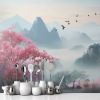 Picture of Hand Made Wallpaper Landscape Mural Vibrant 3d With Birds Flowers Forests Trees And Mountains